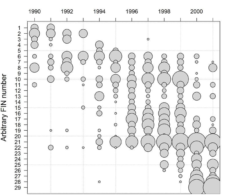 Figure 23: Days of effort in the CELR dataset by FIN and fishing year.