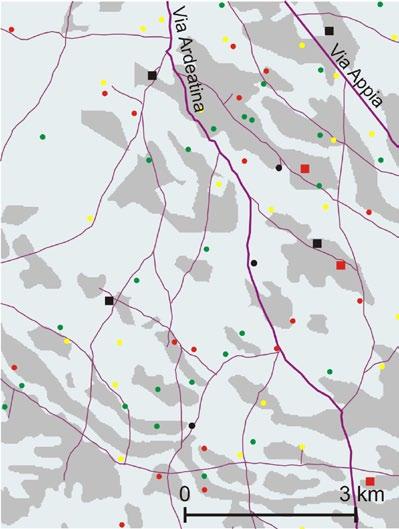 2 Distribution of best soils (dark grey), settlement sites and roads in the central part of the research area. See Plate V.