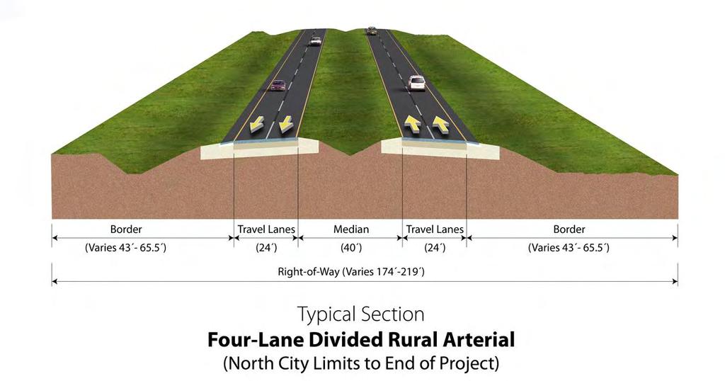 Access and Intersections. The Urban Alternative is designed with a restricted median of varying widths to accommodate single or double left-turn lanes as required.