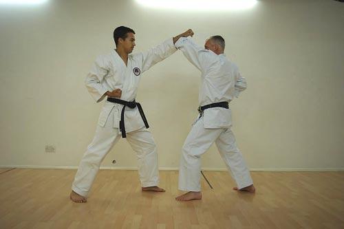 consecutive punches or kicks. Sanbon-gumite-junzuki-uke.