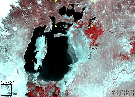 Now that you have determined the size of the Aral Sea for 1964, measure the size of the Aral Sea in 1997