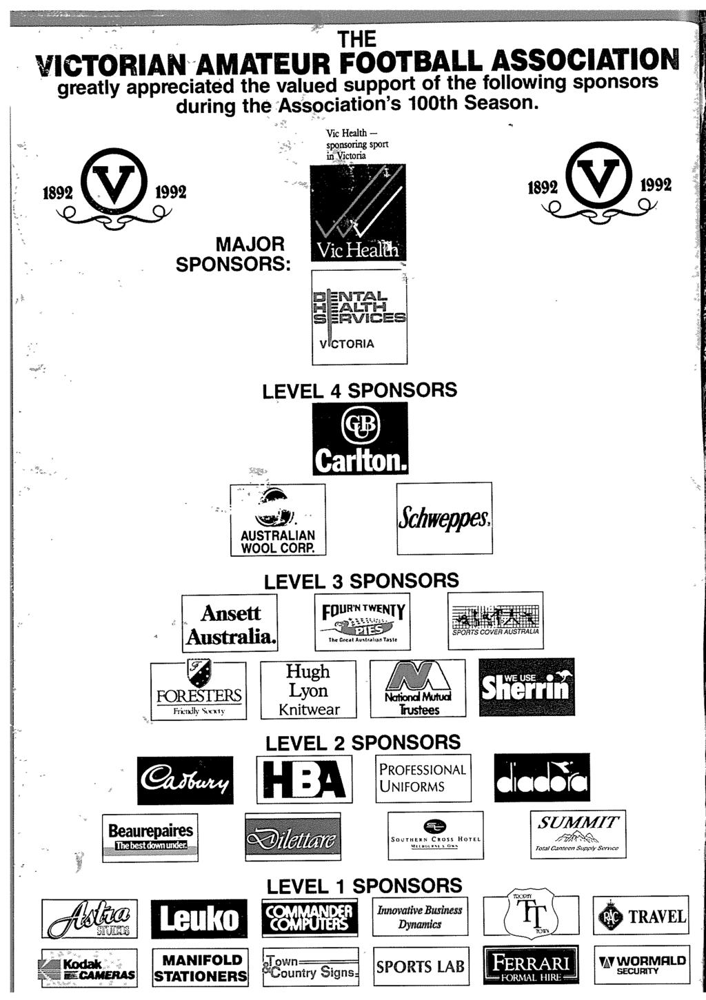 THE VICTORIAN- AMATEUR FOOTBALL ASSOCIATIO N greatly appreciated the valued support of the following sponsors during the Association's 100th Season.