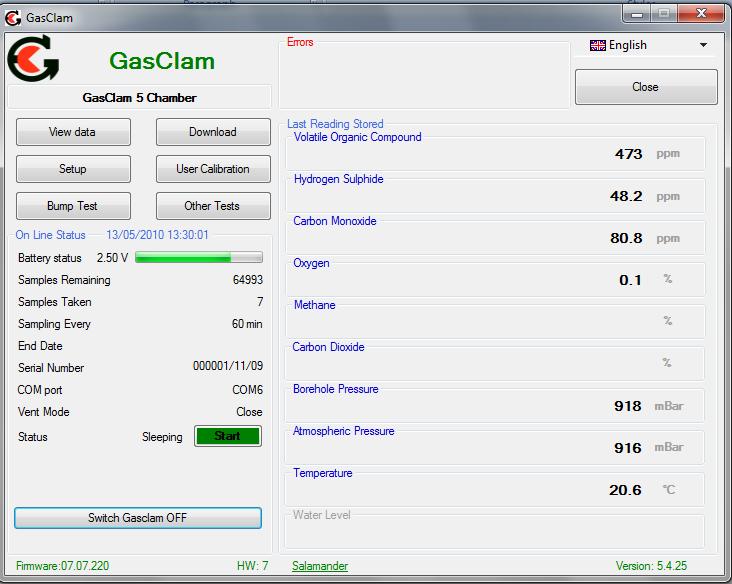 If the software is opened before the GasClam is attached the screen appears as below. In this mode the options available are to view data (see later) or to close the application.