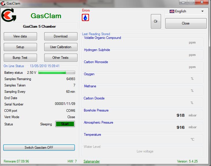 Software Errors If the GasClam is not functioning correctly an error message