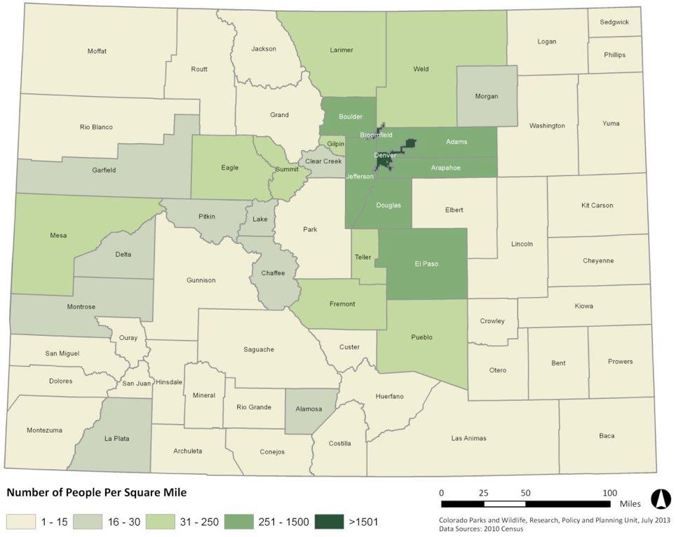 Figure 2. Colorado population density by county: 2010 Population projections State forecasters project that Colorado s population will exceed 7.
