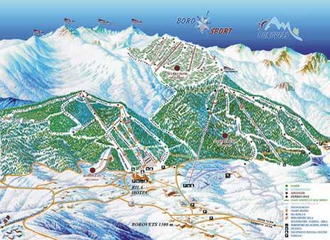 BOROVETS KEY POINTS RESORT HEIGHT: 1,350m SKI POINT HIGH: 2,560m LONGEST: 12km SNOW BOARDING SLOPE DIRECTION: NORTH/NORTH WEST CROSS COUNTRY TRIALS: 35km BEGINNERS Great for beginners, with a high