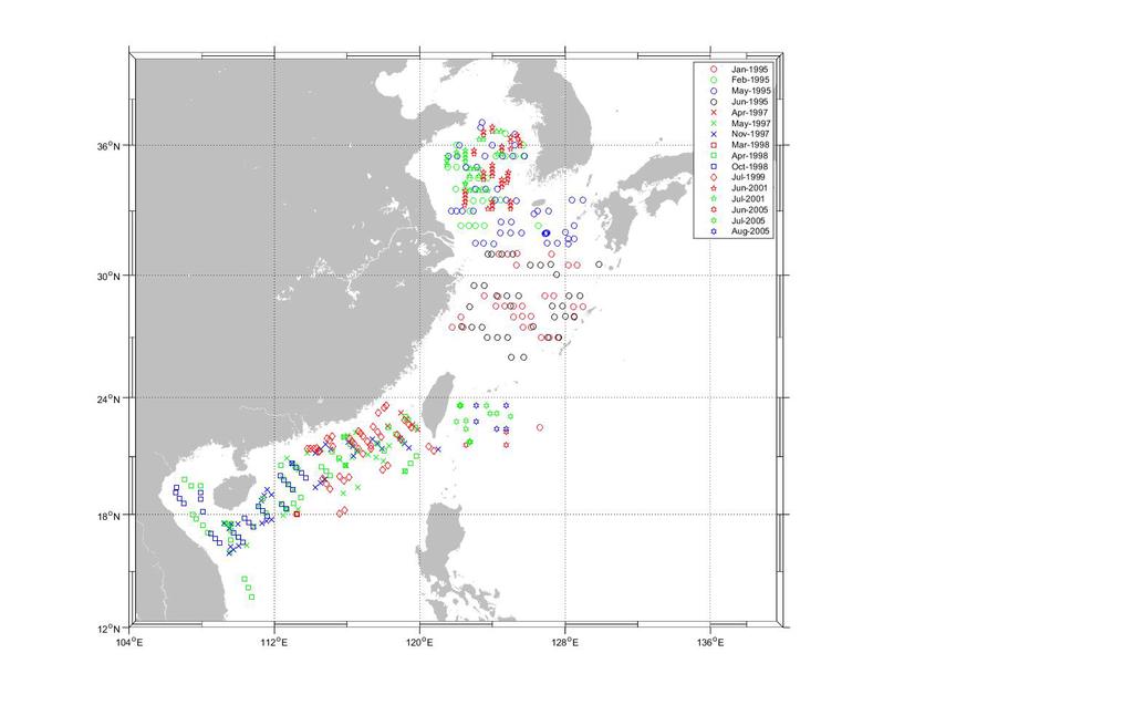 East Asian Marginal Seas profiles 455 total profiles spanning from 2-200m of water depth Cross-Correlation plots created on arbitrarily defined water masses Yellow Sea Latitude