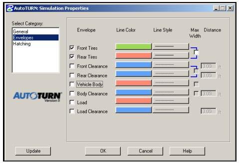 AutoTURN Simulation Properties - Once in this screen, toggle on the boxes for front tires and rear tires. This will give an accurate envelope for the outside paths of the tires.