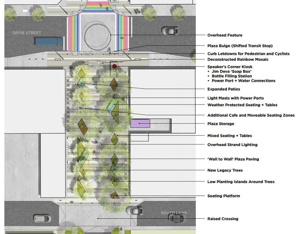Refined Plaza Concept Plan View: Description The revised plaza design concept features a mix of seating elements including backs and armrests, low tables, and larger seating platforms playfully