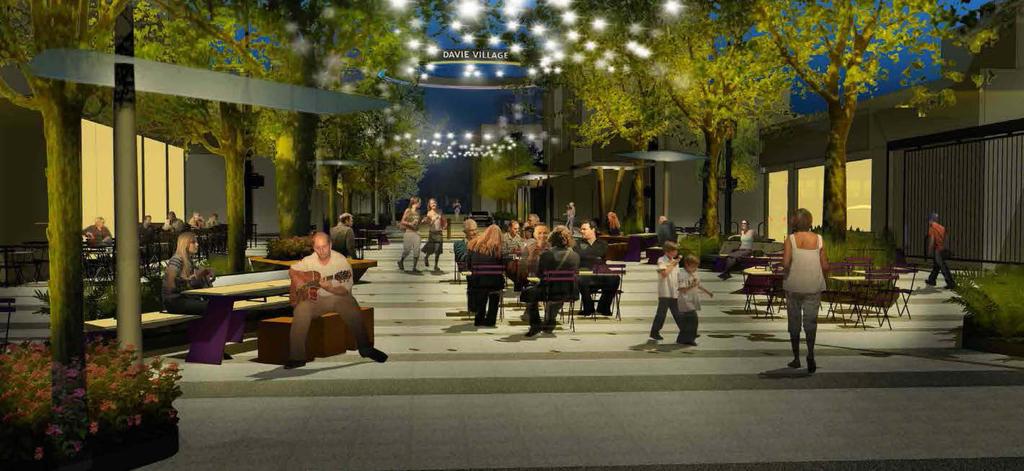 The plaza bulges into the south lane of Davie Street to integrate stronger with the social spaces of the Village.