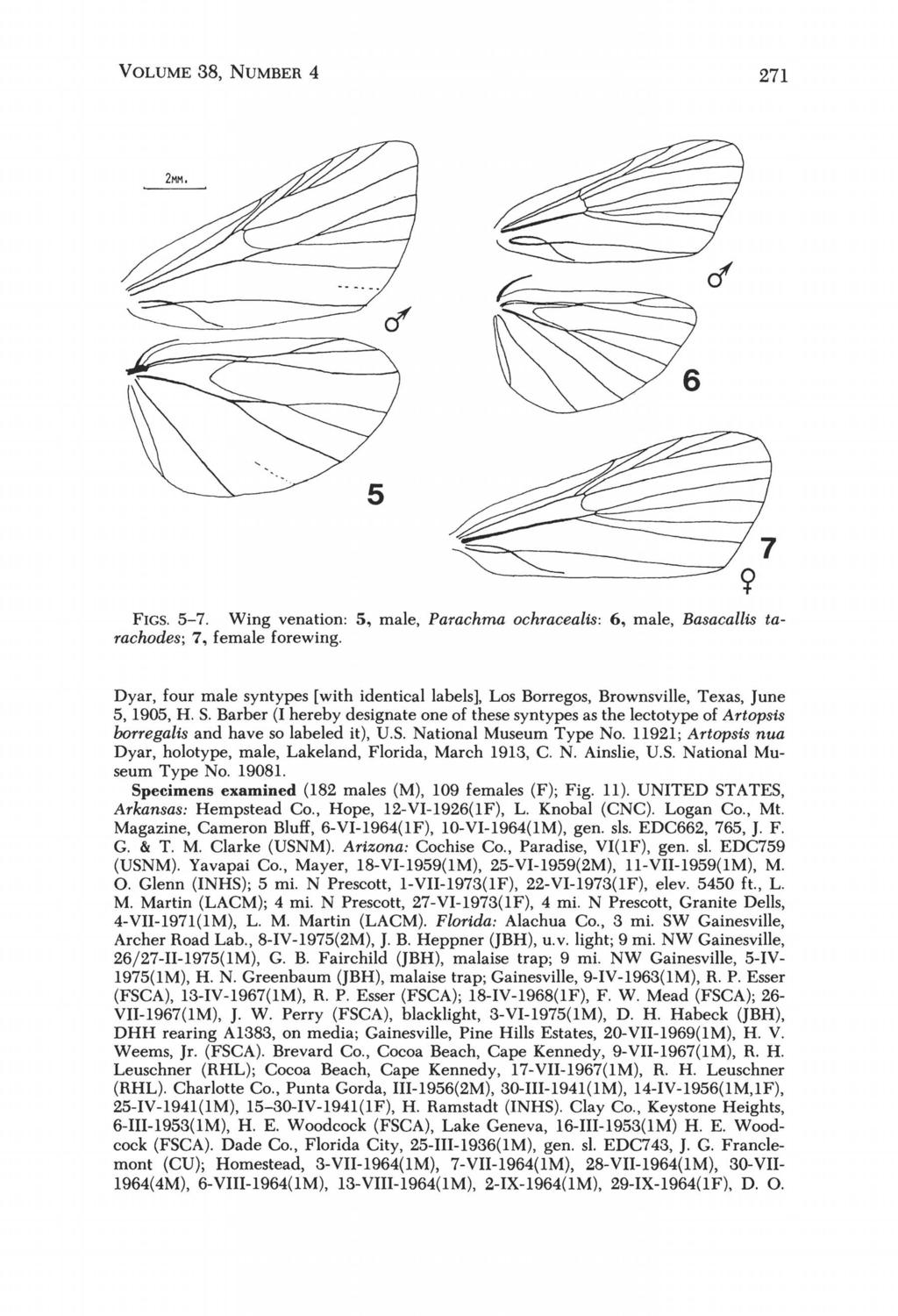 VOLUME 38, NUMBER 4 271 5 7 9 FIGS, 5-7, Wing venation: 5, male, Parachma ochracealis: 6, male, Basacallis tarachodes; 7, female forewing, Dyar, four male syntypes [with identical labels], Los
