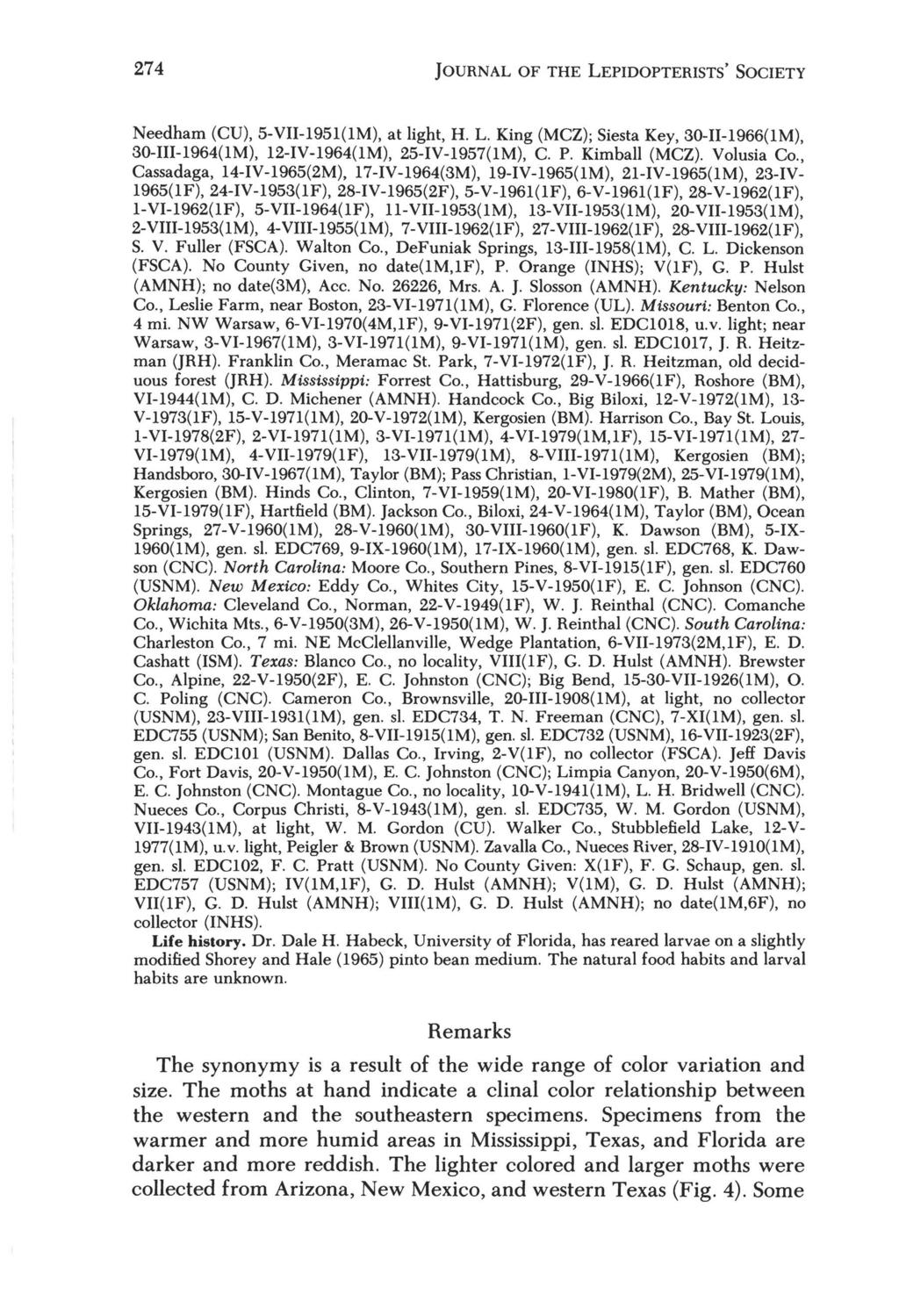 274 JOURNAL OF THE LEPIDOPTERISTS' SOCIETY Needham (CU), 5-VII-1951(lM), at light, H. L. King (MCZ); Siesta Key, 30-II-1966(lM), 30-III-1964(lM), 12-IV-1964(lM), 25-IV-1957(lM), c. P. Kimball (MCZ).
