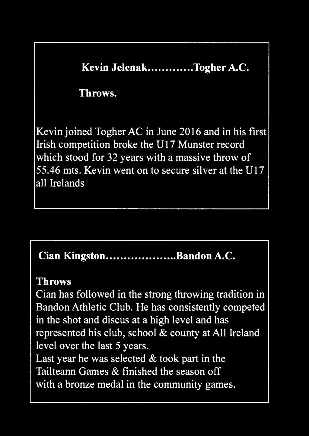 Kevin went on to secure silver at the U17 all Irelands Cian Kingston Bandon A.C. Throws Cian has followed in the strong throwing tradition in Bandon Athletic Club.