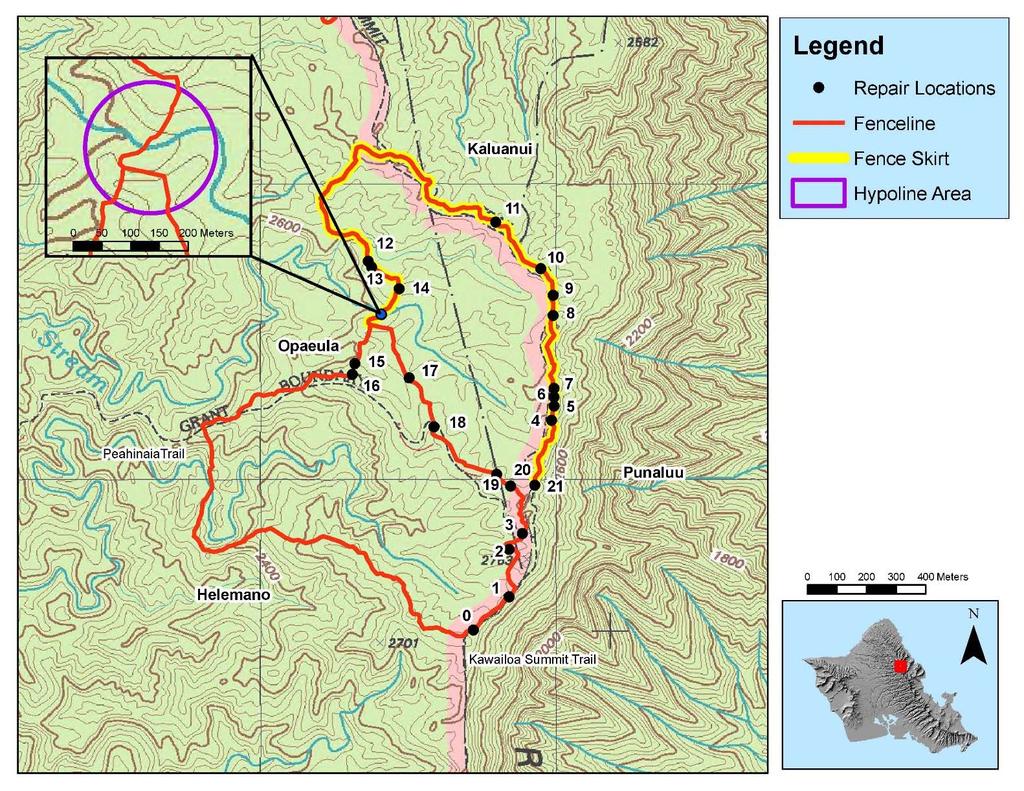 Chapter 1 Ungulate Figure 2: Map of fence repair and skirt replacement at Opaeula/Helemano MU OANRP contracted the replacement of 2000 m of skirting, 400 m (sections replaced are numbers above 1-21)