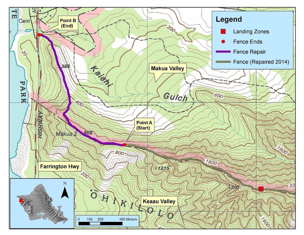 Chapter 1 Ungulate Figure 3: Map of fence replacement on Ohikilolo ridge at MMR OANRP contracted the replacement of the lowest 1800 m of fencing along the Ohikilolo ridge in Makua (Figure 3).
