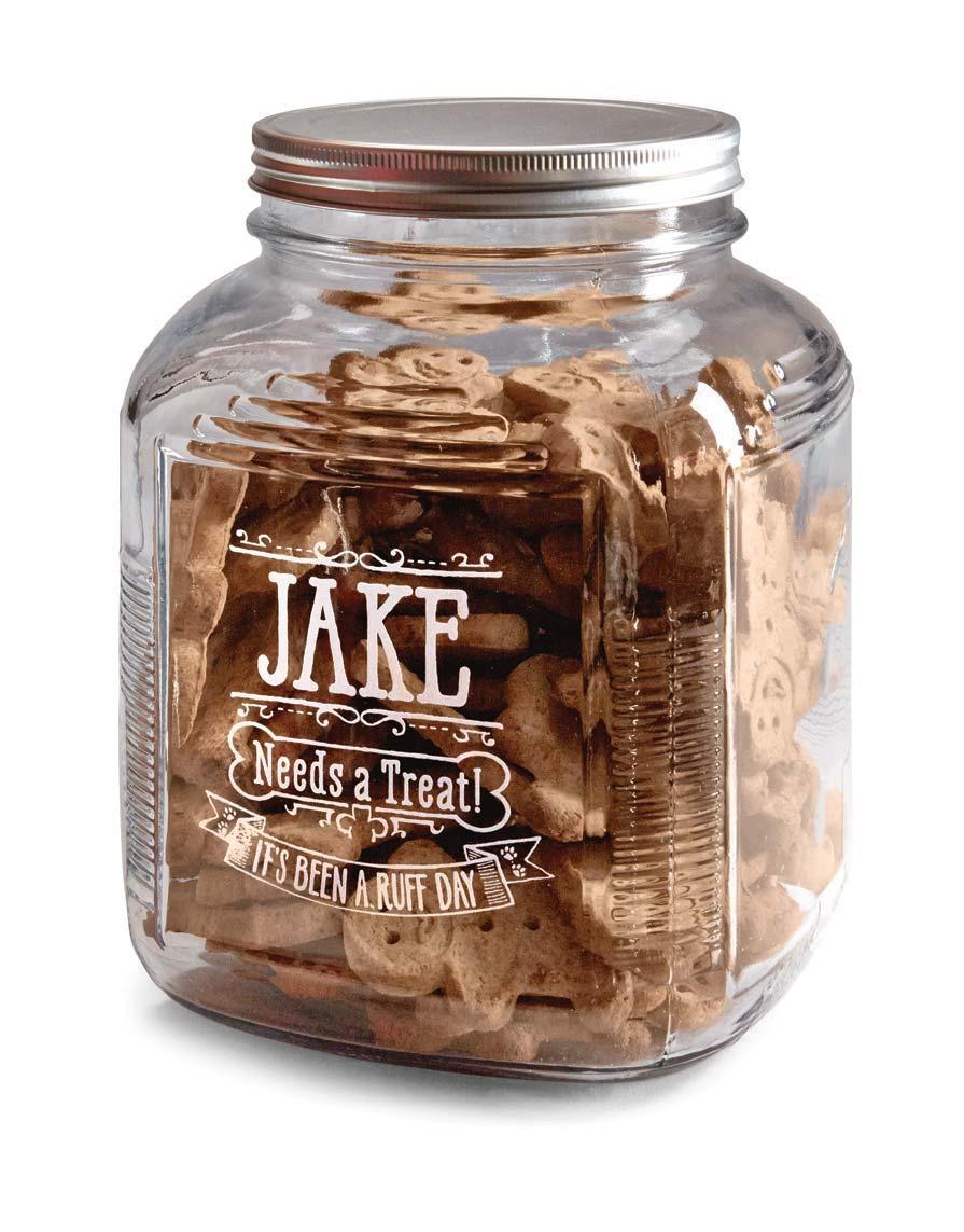 PERSONALIZED GLASS TREAT JAR Your dog deserves a treat and this jar won t let you forget it, thanks to a cute personalized saying proclaiming It s been a ruff day.