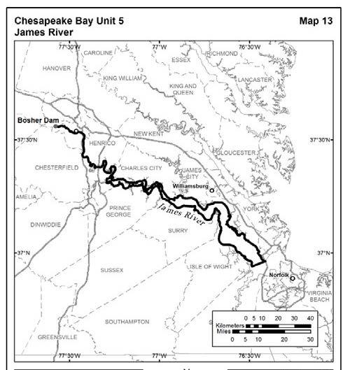 James River James River from Boshers Dam downstream to where the main stem river discharges at its mouth into the