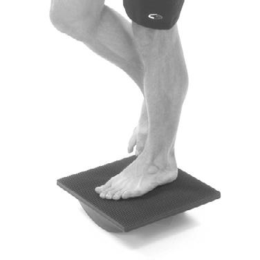 Keep board parallel to ground. Keep your back and neck straight. Avoid hyperextending your knee. 1-leg Stance Wobble Board Stand with one foot centered on board.