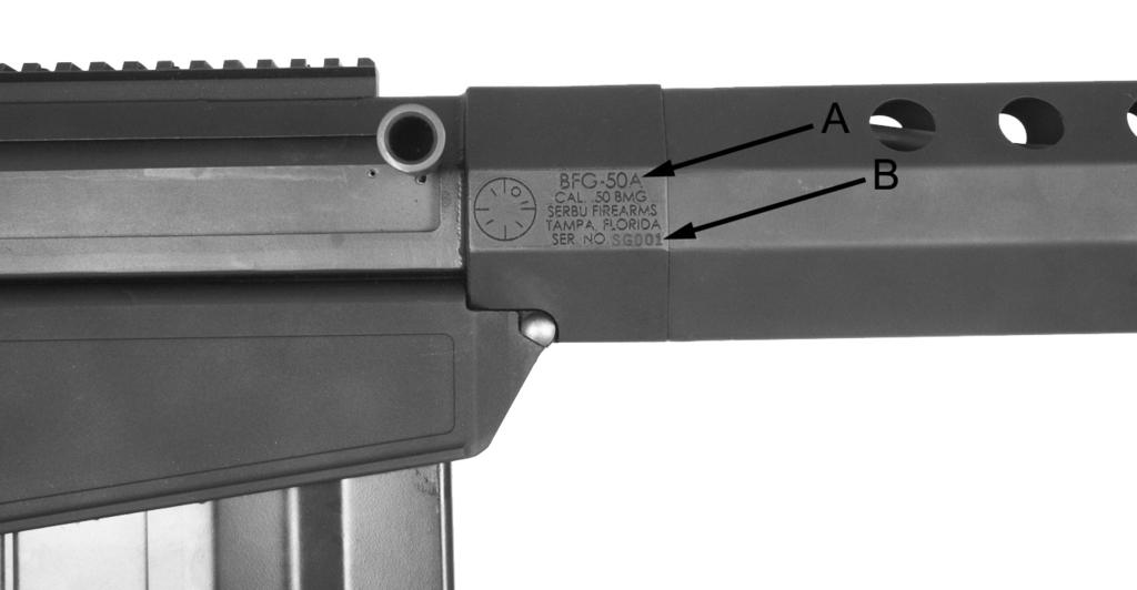 IDENTIFICATION Model and Serial Number The serial number (B) and model number (A) are located on the right side of the firearm.