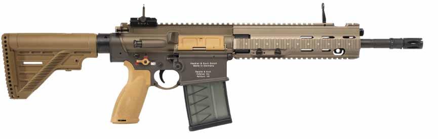 Available with three different barrel lengths, the HK417 A2 is gas operated and uses a gas piston and a solid operating pusher rod in place of the hollow gas tube normally employed in competing