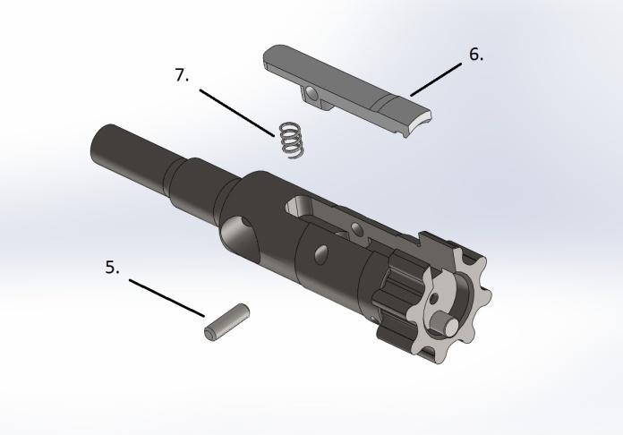 Pull the firing pin (2) out of the bolt carrier. b. Remove bolt cam (3), noting the orientation of the large radius corner. c. Pull bolt (4) out from the front. d.