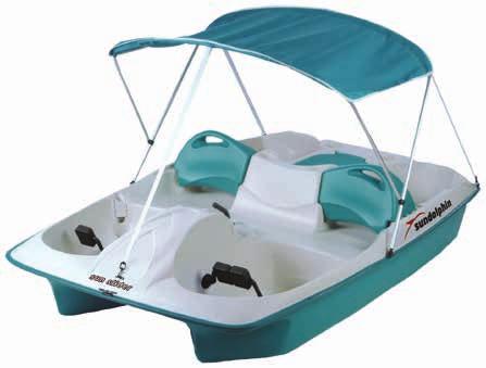 SUNDOLPHIN 5 Seating for 3 adults and 2 kids Pedal positions for 1, 2 or 3 people Super tough paddle wheel Closed cell polystyrene foam flotation Built-in cooler or storage area Beverage holders