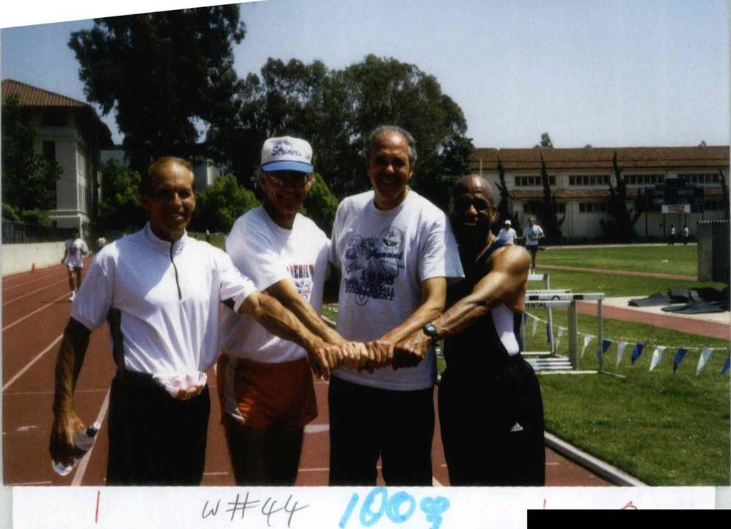 ;Ct. Southern California sprinters who set a pending M60-69 record of 1 :45:23 for the 4x200, USATF SCA Championships, Los Angeles, June 12, (I to r): Dick
