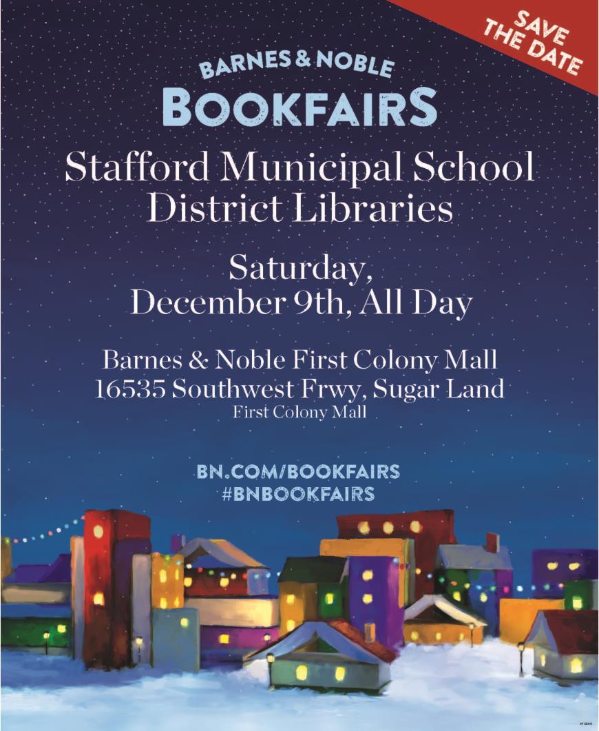 SMSD Barnes & Nobles Fundraiser Barnes & Noble at First Colony Mall in Sugar Land will donate 12 percent of proceeds from all sales to SMSD when you mention SMSD between 10 a.m. and 2 p.m. on Saturday, Dec.