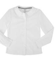 This blouse is cotton blend poplin, wrinkle No More fabric for easy care, 50 wash tested for comfort that lasts, tag-free New modern Peter Pan Collar shape, stitched down cuff hem, back darts and