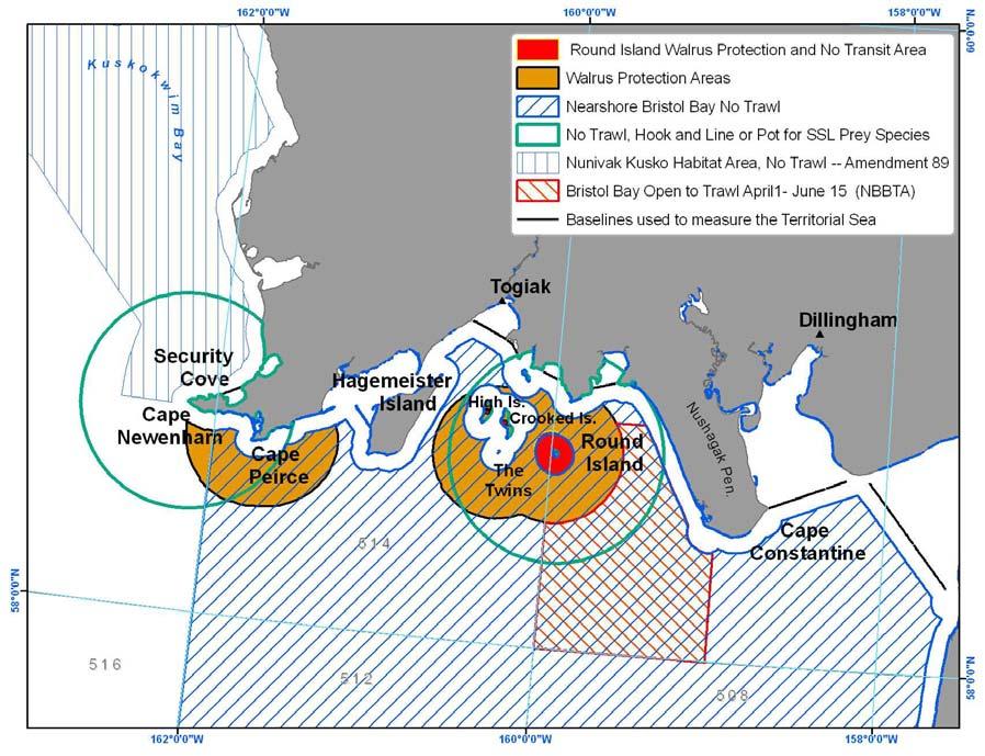 Figure 1. Existing closures and protection measures in northern Bristol Bay, including walrus protection zones. 2.
