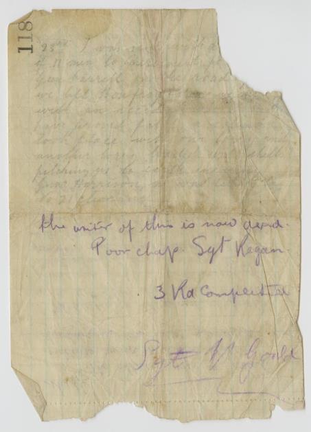 The fragment of a letter refers the Battery moving into a position near Maricourt on the night of 18 th July after an attack of poison gas that morning had killed one and affected 20 of the section.