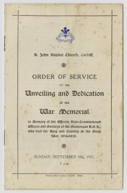 After the war the Glamorgan RGA erected a memorial to their lost comrades in St John s Church, Cardiff. We still have Ginny Regan s copy of the Order of Service when it was dedicated.