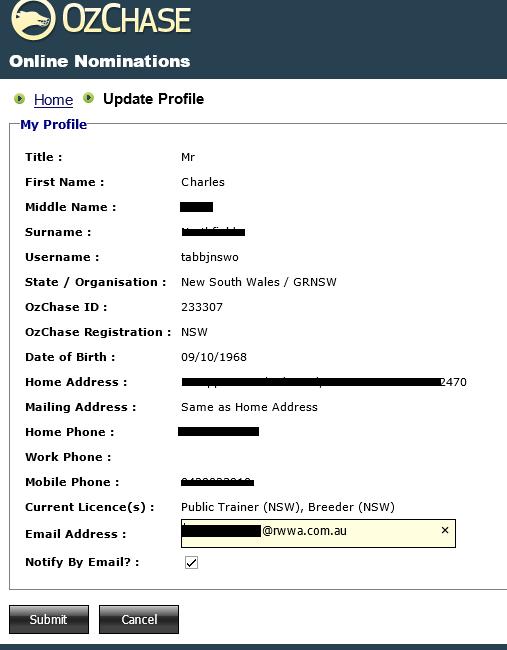 7.6 Update Profile This function allows the trainer to update his/her email address for the receipt of email notifications from the Ozchase and Online Nominations systems: 7.