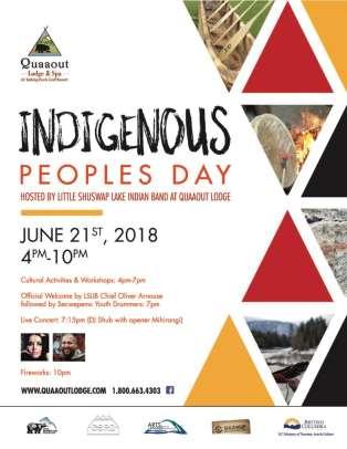 ARTS COUNCIL CONTRIBUTES TO INDIGENOUS PEOPLES DAY CELEBRATIONS AT QUAAOUT The stunning grounds of Quaaout Lodge, settled on the banks of Little Shuswap Lake, will host a fabulous celebration of