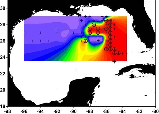 A variety of variables defined the habitat model, however most bluefin tuna larvae were collected at surface temperatures from ~ 23.5 to 28.