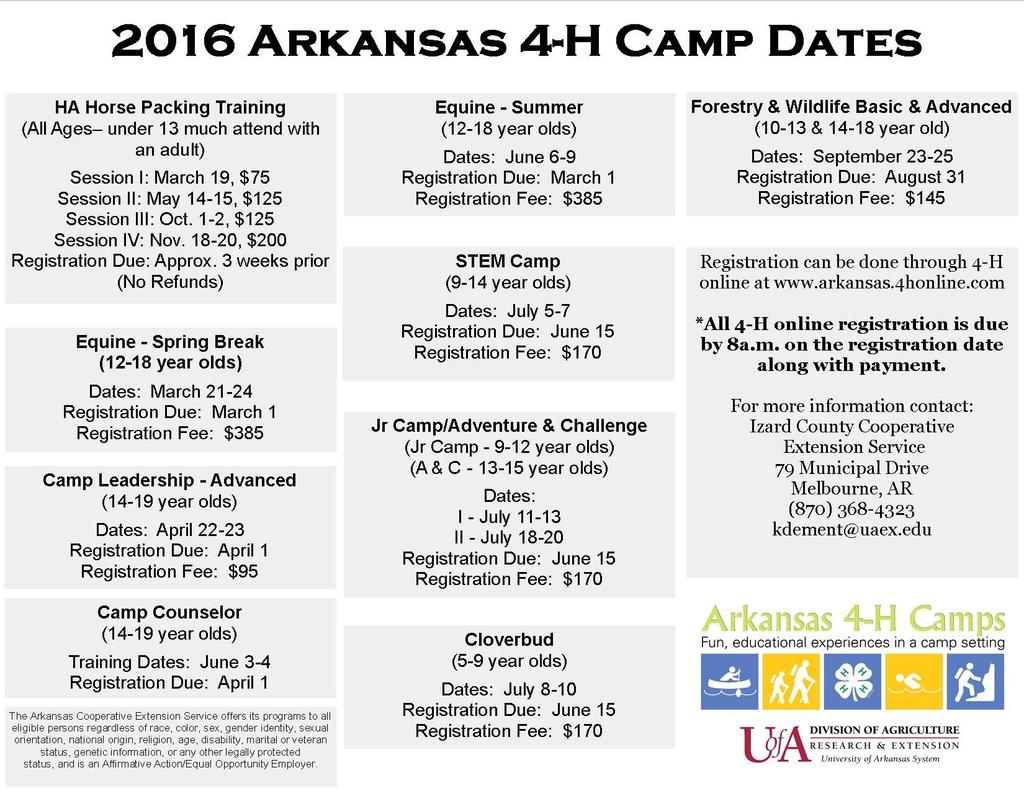 Here s the dates for the 4-H Camps this summer at the Arkansas 4-H Center in Ferndale, AR. Ferndale is located west of Little Rock.