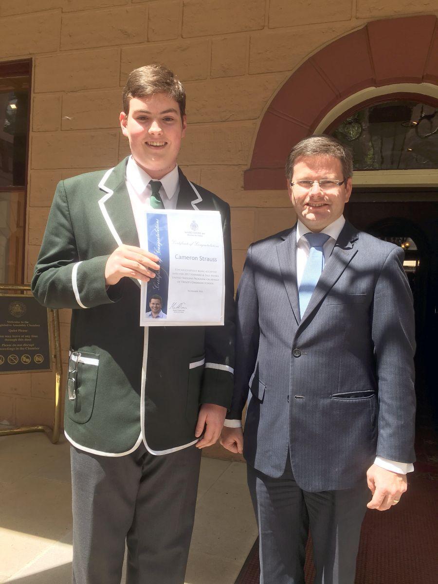Cameron Strauss (11We) with Mr Mark Coure MP, Member for Oatley