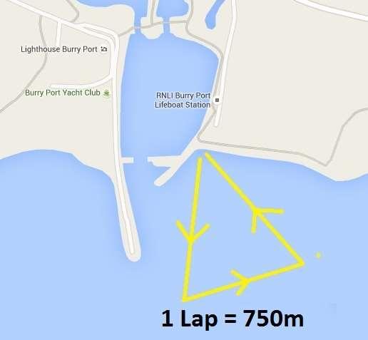 SWIM COURSE 750m All swimmers will enter via the slipway. The Race Start is 7:45am. Please be aware that the athletes from the Llanelli Standard Triathlon will be around the area.