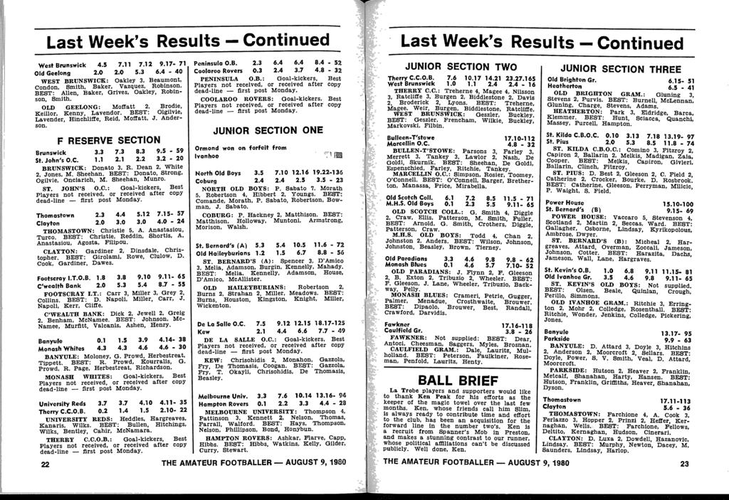 Last Week's Results - Continued West Brunswick 4.5 7.11 7.12 9.17-71 Old Geelong 2.0 2.0 5.3 6.4-40 WEST BRUNSWICK : Oakley 3, Beaumont, Condon, Smith, Baker, Vazquez, Robinson.