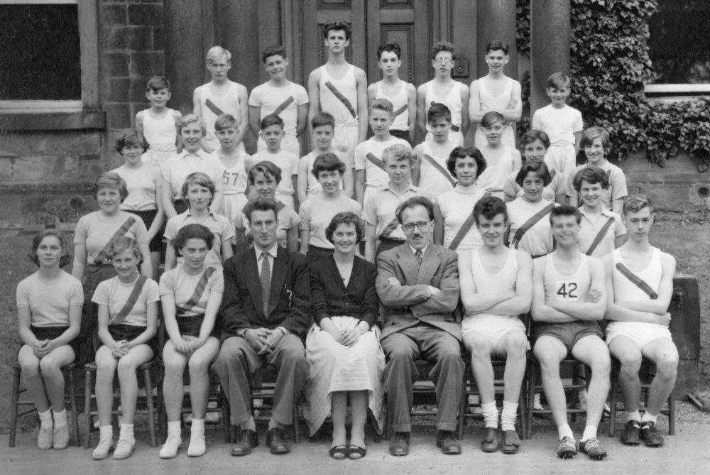 Huddersfield Athletics Team Sport 1955-56 Girls Back Row L-R: Kenneth Kidd, Pratt R., Sykes Beaumont, Maurice Randall, Peter Whitehead, Roy Lockwood, Jim Atkins, Richard Bateman.