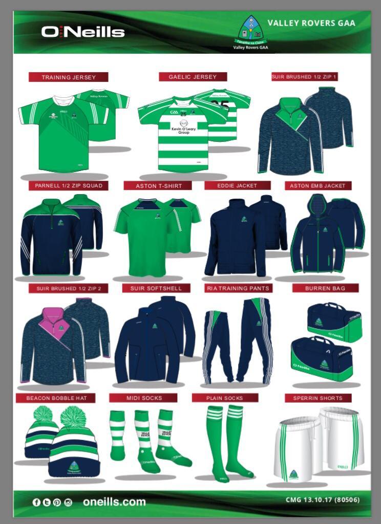 Club Gear Xmas Order The Christmas order night for Valley Rovers Club Gear will take place on; Sat. 20th October 7pm & 8:30pm downstairs in Innishannon Hall.