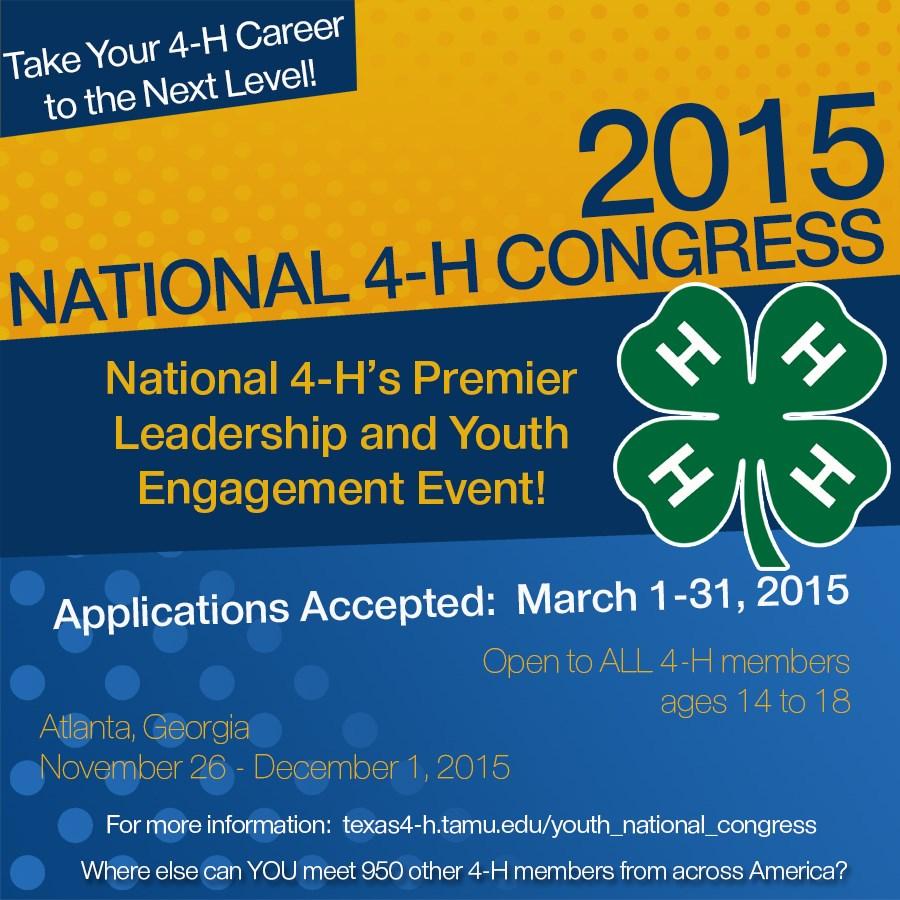 The 2015 event will be held from November 26 to December 1 and is open to all Texas 4-H youth between the years of 14 and 18 on September 1.