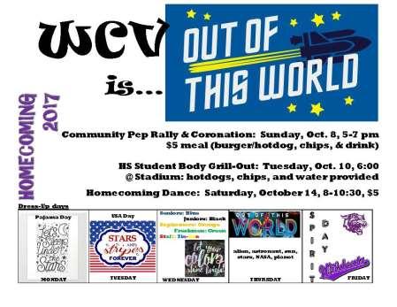PEP BUS - Attention 7 th and 8 th graders. Let s show some Wildcat Spirit! WCV is Out of this World. We will be following the HS dress up days this year.