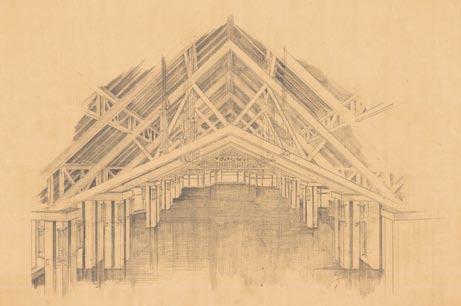 MONTANA HISTORICAL SOCIETY ARCHIVES, HAYNES FOUNDATION COLLECTION, MC 86 FOLDER 7 YNP, PHOTO ARCHIVES, YELL #88972 Sketch of the Canyon Hotel lounge, presumably by Robert C. Reamer.