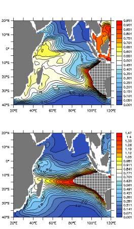 Tracer pathways across the Indian Ocean after 4 years of initialization. Sea surface Major upwelling zones are, 1. Somali region and coastal Arabia, 2. Equatorial region, 3. Mozambique channel.