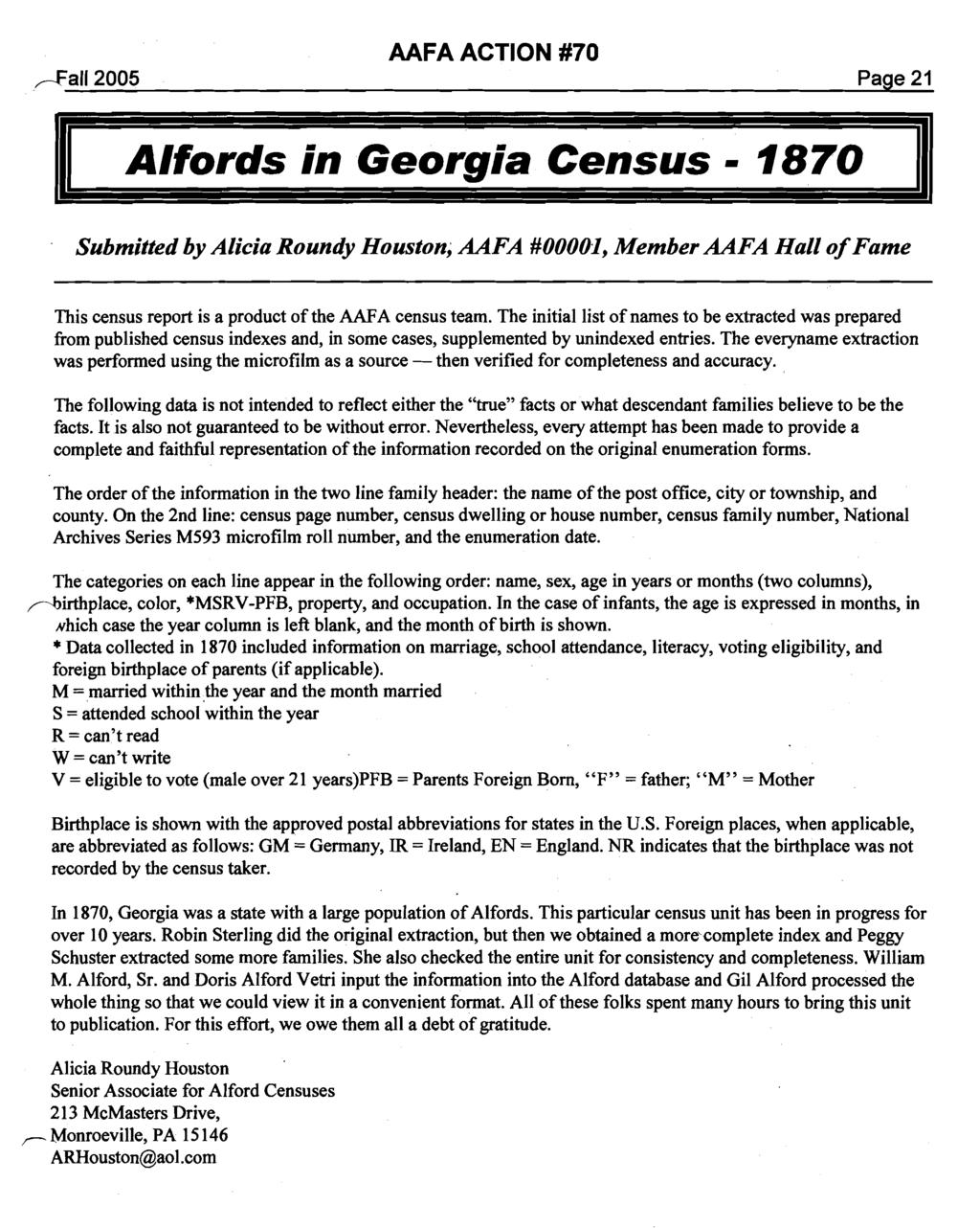 AAA ACTION #70 r-f'all 2005 Page 21 A/fords in Georgia Census - 1870 III ubmitted by Alicia oundy Houston, AAA #00001, Member AAA Hall ofame This census report is a product ofthe AAA census team.