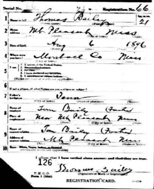 Heritage Thomas Bailey Jr. World War 1 Draft Card Bailey- Bailey- Bailey- Bailey- In, Thomas Jr. registered for the WW1 draft as all men in the country were required to do.