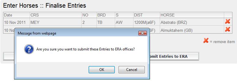 7) When you are ready to finalise Entries select <Submit Entries to the ERA>. A pop up prompt will appear, select OK. A transaction receipt will be generated and a link will appear on the screen.