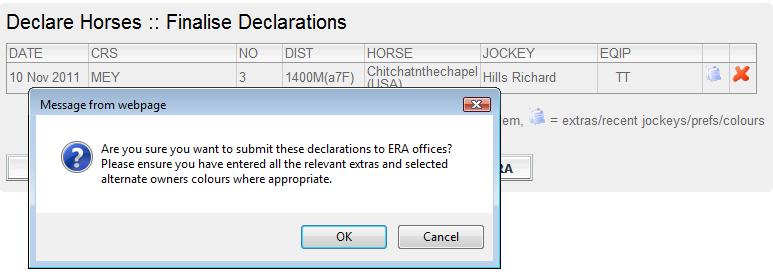 18) More detailed information is available by selecting <Check List>. A pop window will appear showing all details. 19) To remove a horse prior to submitting the Declaration, use the X icon.