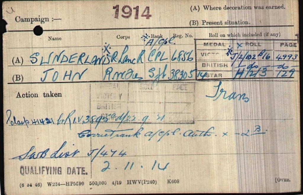 His service record contains a single entry, a stamp labelled Royal Hospital Chelsea and dated 11/11/1916 (see earlier), that suggests he was in hospital at this time.